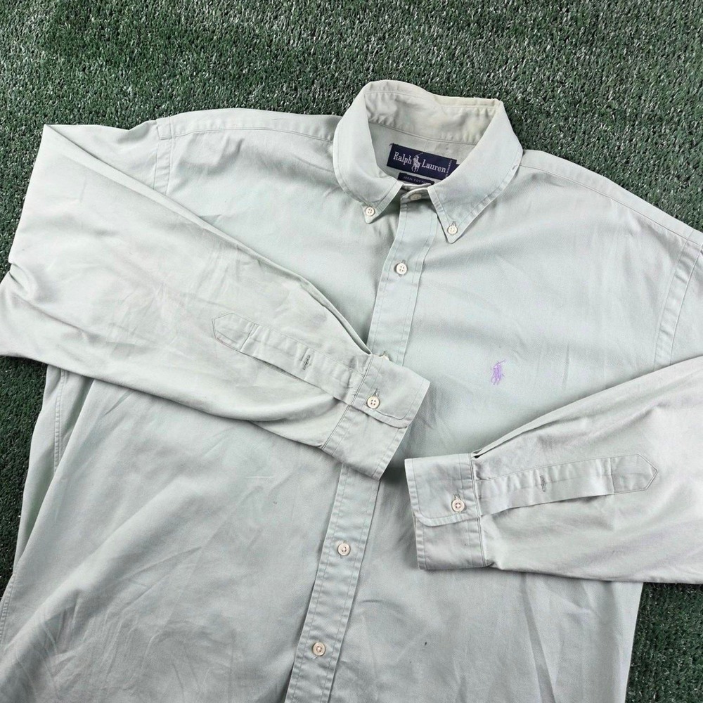 Ralph Lauren Mens Sage Green Cotton Twill Button Down Shirt Medium Purple Pony